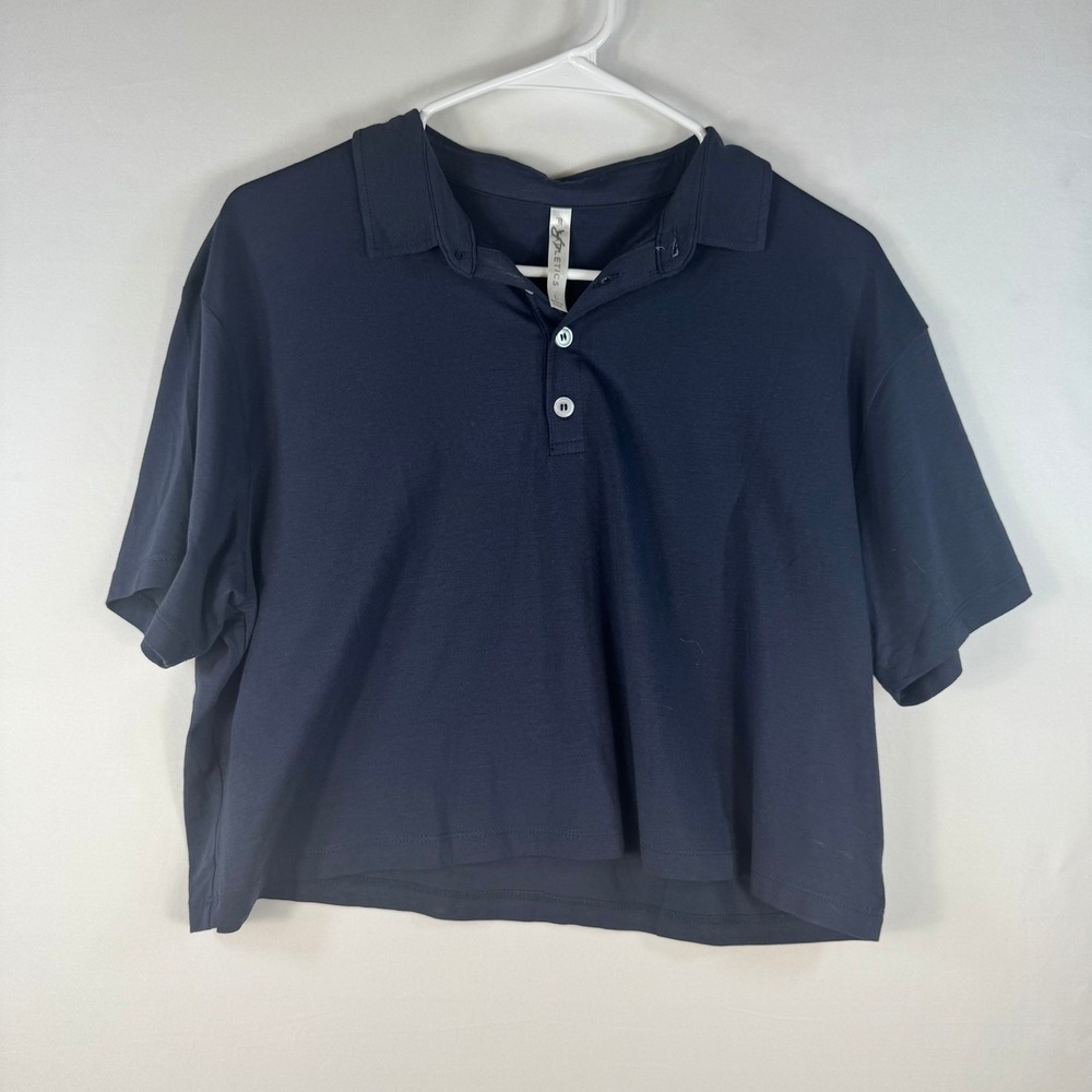 Fabletics Navy Blue Cropped Polo Shirt Womens‎ Large Cotton Modal SS2252086-4870